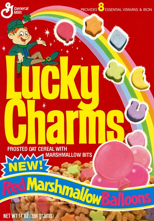Lucky Charms box with new red marshmallow balloons