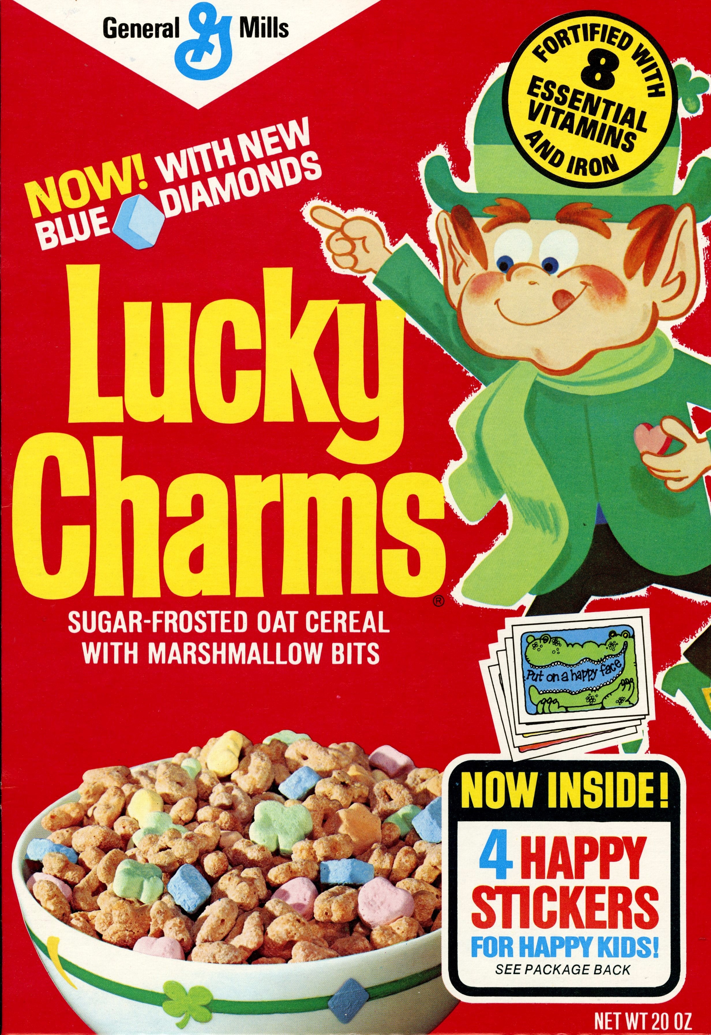 Lucky Charms box that says "Now! With New Blue Diamonds"