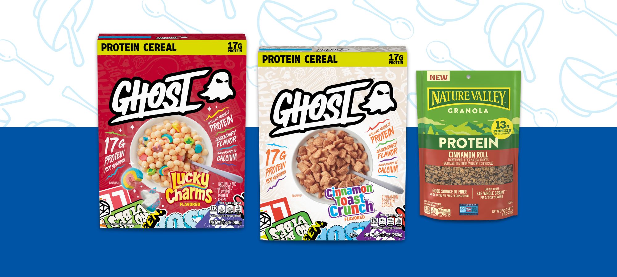 ​​Ghost Protein Cereal x Cinnamon Toast Crunch, Ghost Protein Cereal x Lucky Charms and Nature Valley Cinnamon Roll Protein Granola pictured in front of a blue and white background.